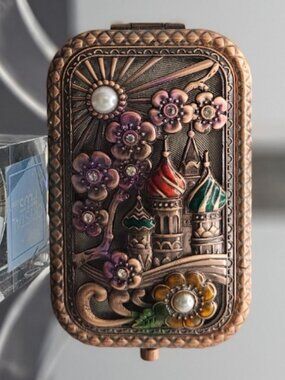 Vintage Style Russian Filigree Compact Mirror St. Basil's Cathedral Enamel